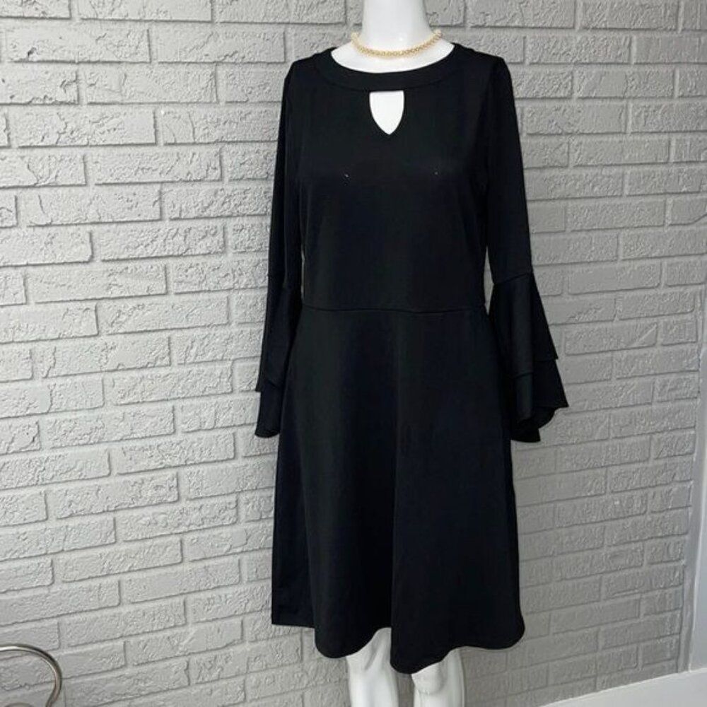 Isaac Mizrahi Women Black Pebble Knit Ruffled Sleeve Keyhole Dress Size S